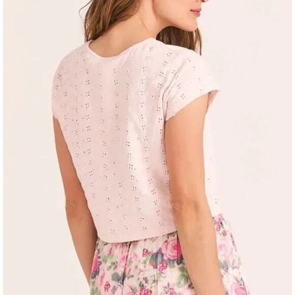 LoveShackFancy Rubin Cropped Tee Shirt Eyelet Short Sleeve Powder Pink Size Smal - Picture 2 of 11